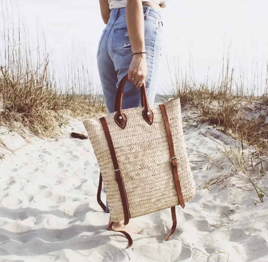 Woven Straw Backpack - Straw Beach Bag with Leather Strap: Brown