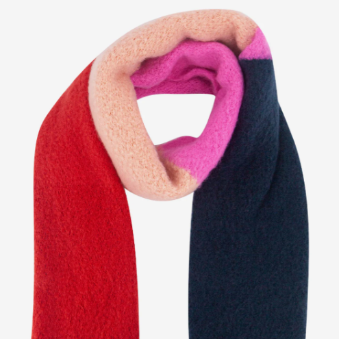 Color-blocked scarf with red, pink, and navy sections on a white background