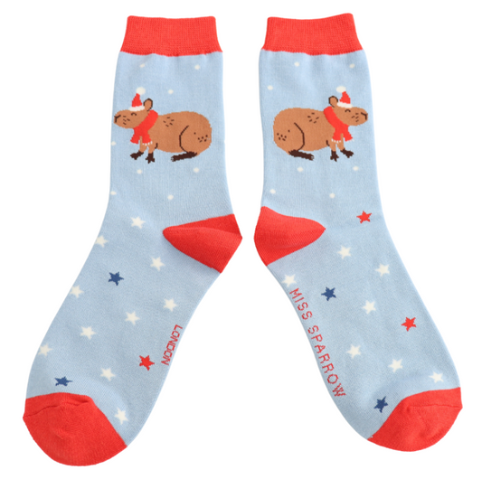 Christmas Capybara Powder Blue Bamboo Socks