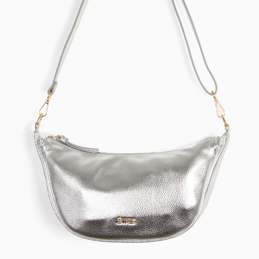 Silver metallic handbag with a strap on a white background