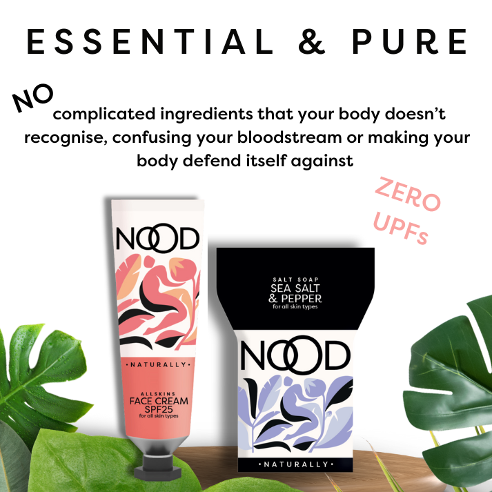 An image featuring two skincare products from the brand NOOD, set against a tropical-themed background with green leaves. The products are presented in a subscription box, with one labeled as 'Salt & Pepper Soap - 140g' and the other as 'Allskins Face Cream SPF25 - 50g'.