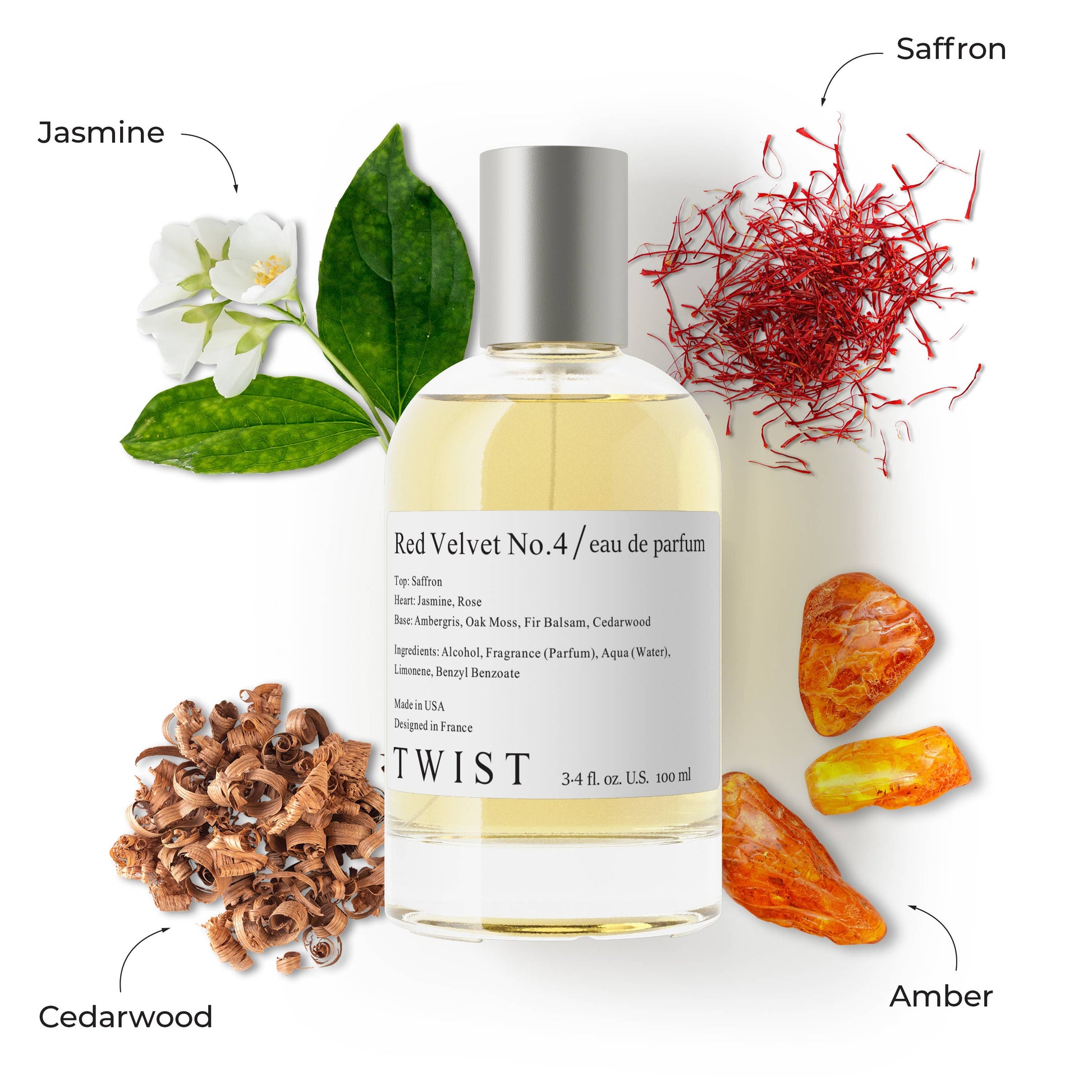 Perfume bottle labeled 'Red Velvet No.4' with floral, spice, and amber elements on a white background