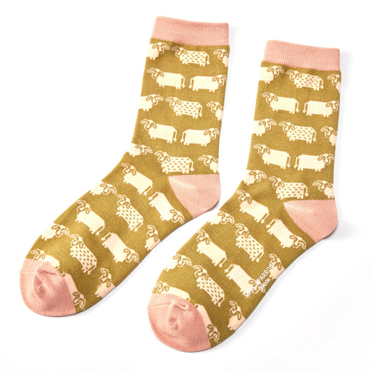 Cute Cows Olive Bamboo Socks