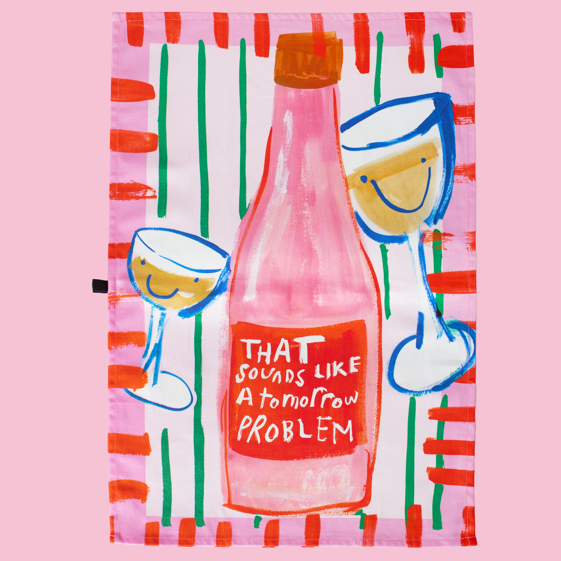 Illustration of a pink bottle with text and two glasses on a pink background
