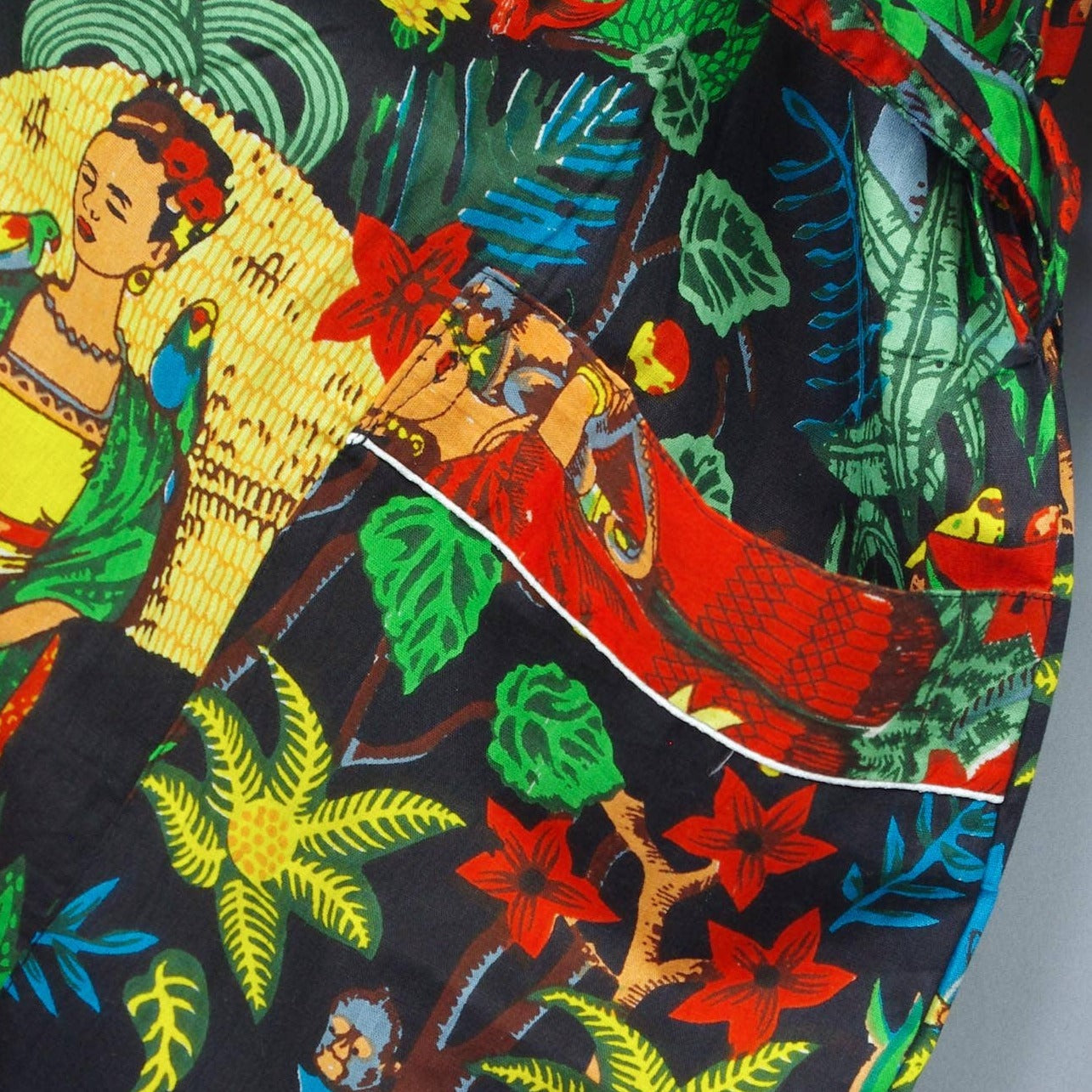 Cotton Kimono Dressing Gown - Black Frida Kahlo