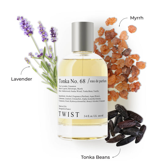 Bottle of Tonka No. 68 eau de parfum with lavender, myrrh, and tonka beans on a white background
