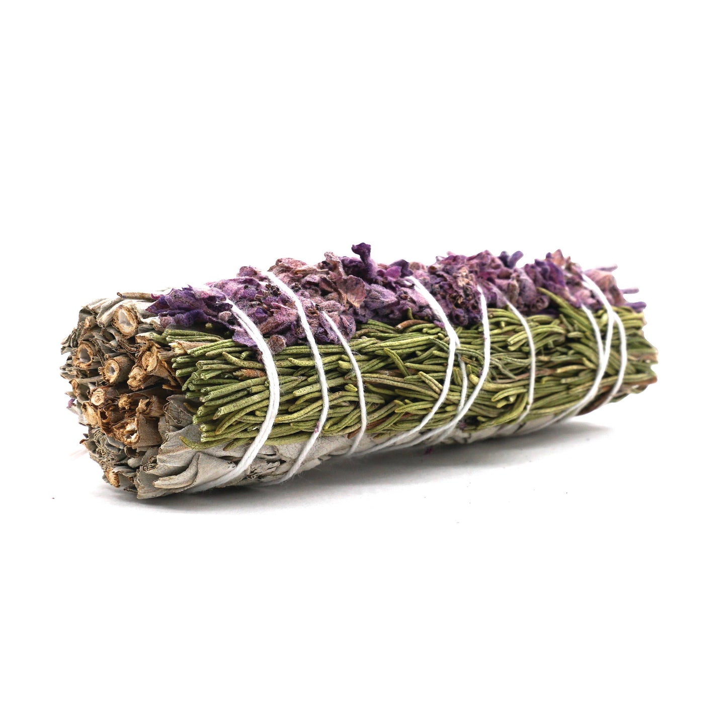 Bundled sage and lavender smudge stick on a white background