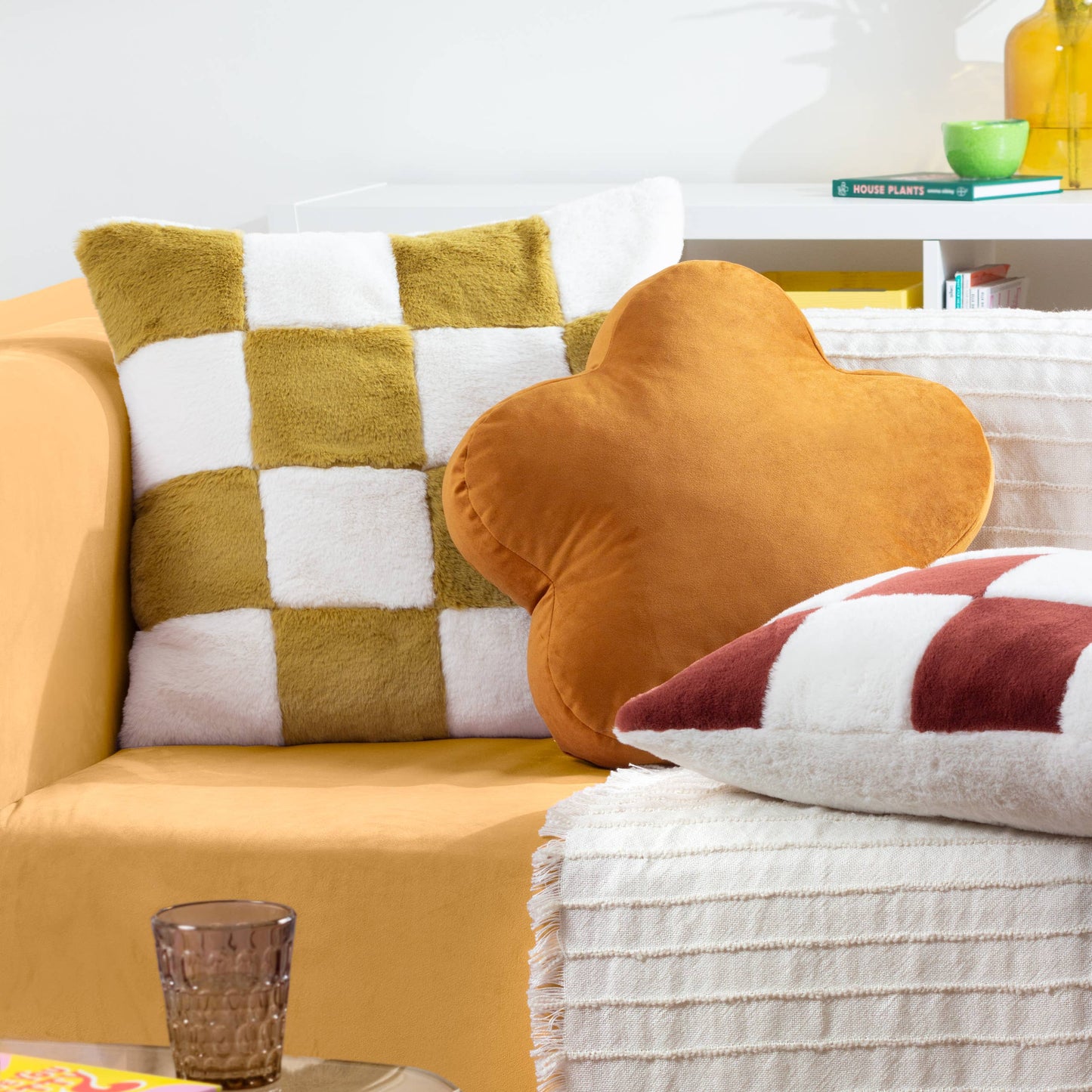 Checkered Faux Fur Cushion: Olive / Feather Rich Filled / 50 x 50cm