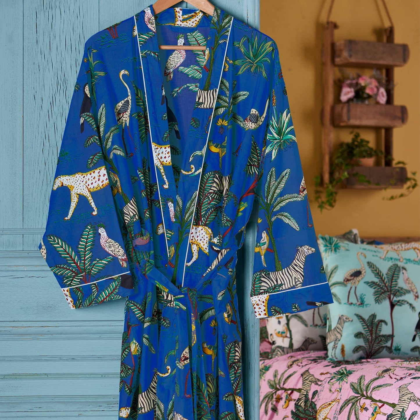 Jungle Print Blue Dressing Gown - 100% Cotton