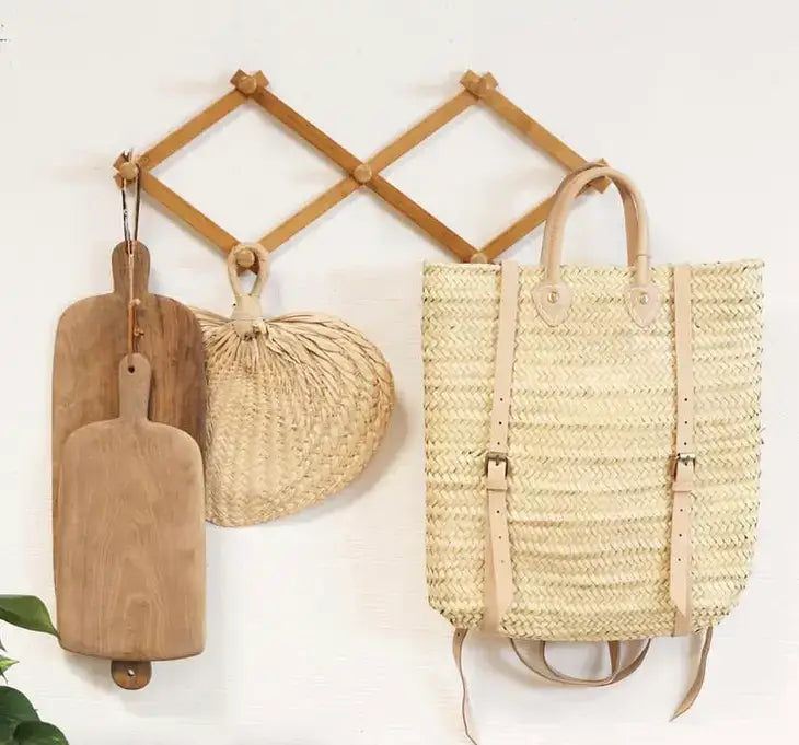 Woven Straw Backpack - Straw Beach Bag with Leather Strap: Brown