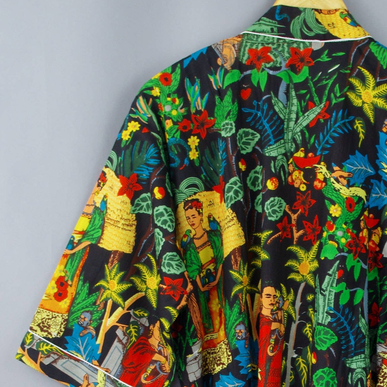 Cotton Kimono Dressing Gown - Black Frida Kahlo