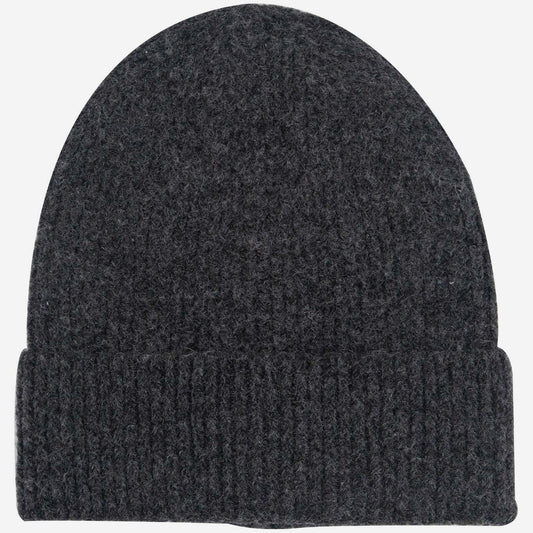 Dark gray knit beanie on a white background