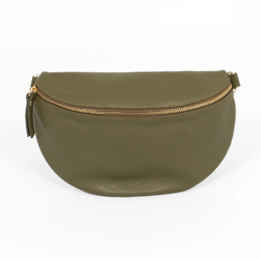Italian Leather Half Moon Crossbody Bag Khaki: One-size