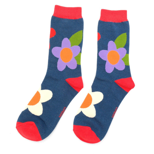 Large Flowers Navy Bamboo Socks