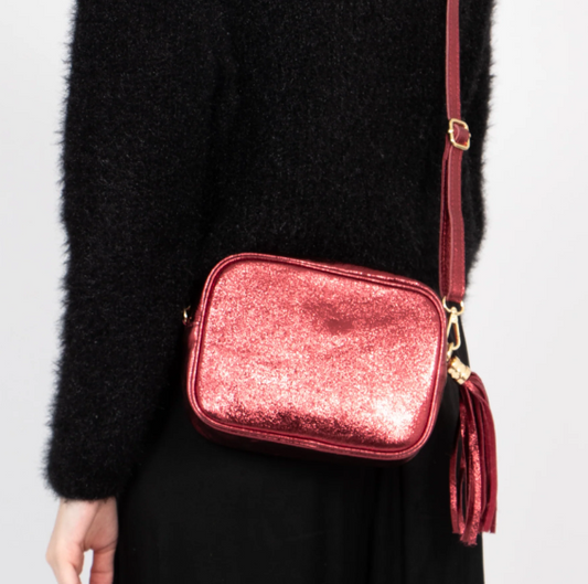Italian Leather Crossbody Bag Metallic Red: One-size