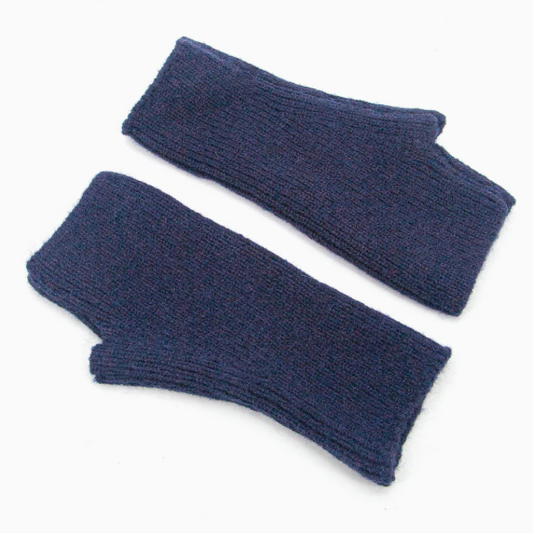 Pair of blue fingerless gloves on a white background