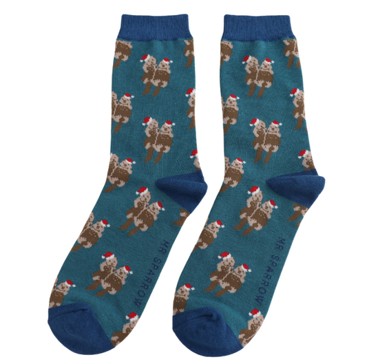 Festive Otters Teal Bamboo Socks