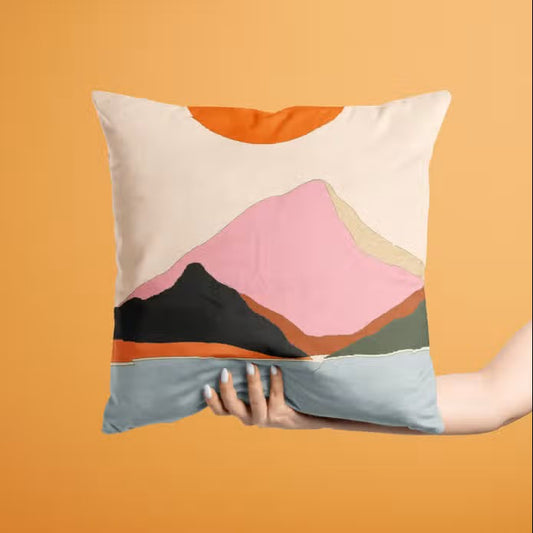 Pastel Pink, Green & Cream Mountain Sunrise Cushion