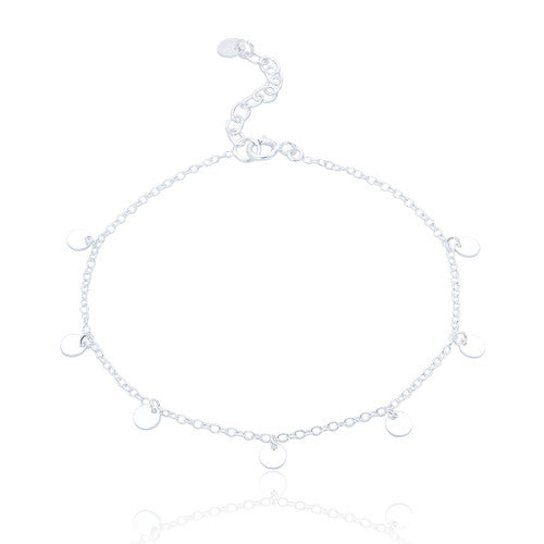 Silver anklet with small round pendants on a white background