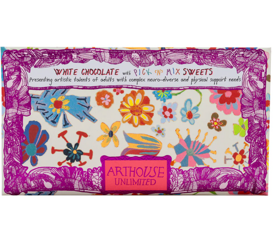 Colorful packaging of white chocolate with mix sweets by Arthouse Unlimited on a white background